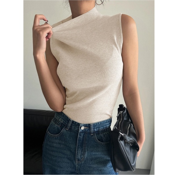 Knit High Neck Beige Sleeveless Top - Picture 2 of 7